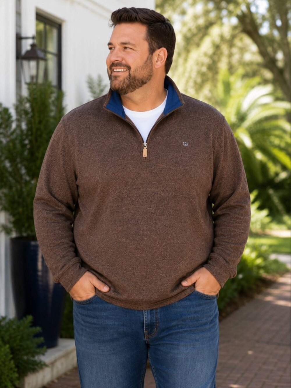Crown & Ivy Men's 2X Brown Heather Quarter Zip Sweater Fleece Pullover Blue Trim